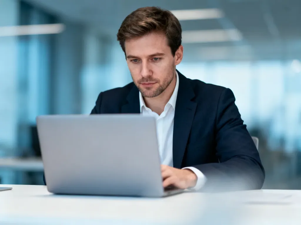 Skupiony pracownik biurowy przy laptopie w nowoczesnym wnętrzu, symbolizujący efektywną pracę.