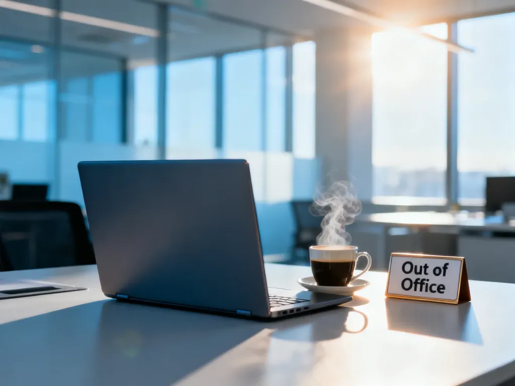 Zamknięty laptop i tabliczka „Out of Office” na biurku, symbolizujące przerwę w pracy i nieobecność pracownika.