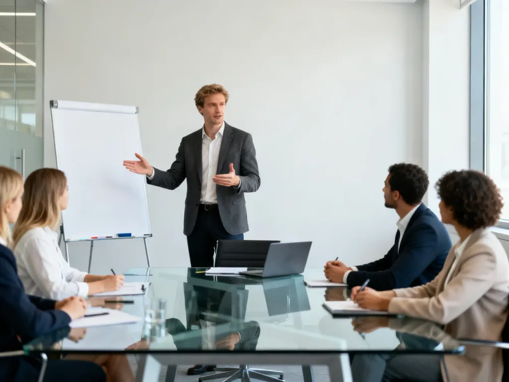 Zespół profesjonalistów podczas spotkania typu kick-off, omawiający strategię projektu przy tablicy w nowoczesnym biurze.