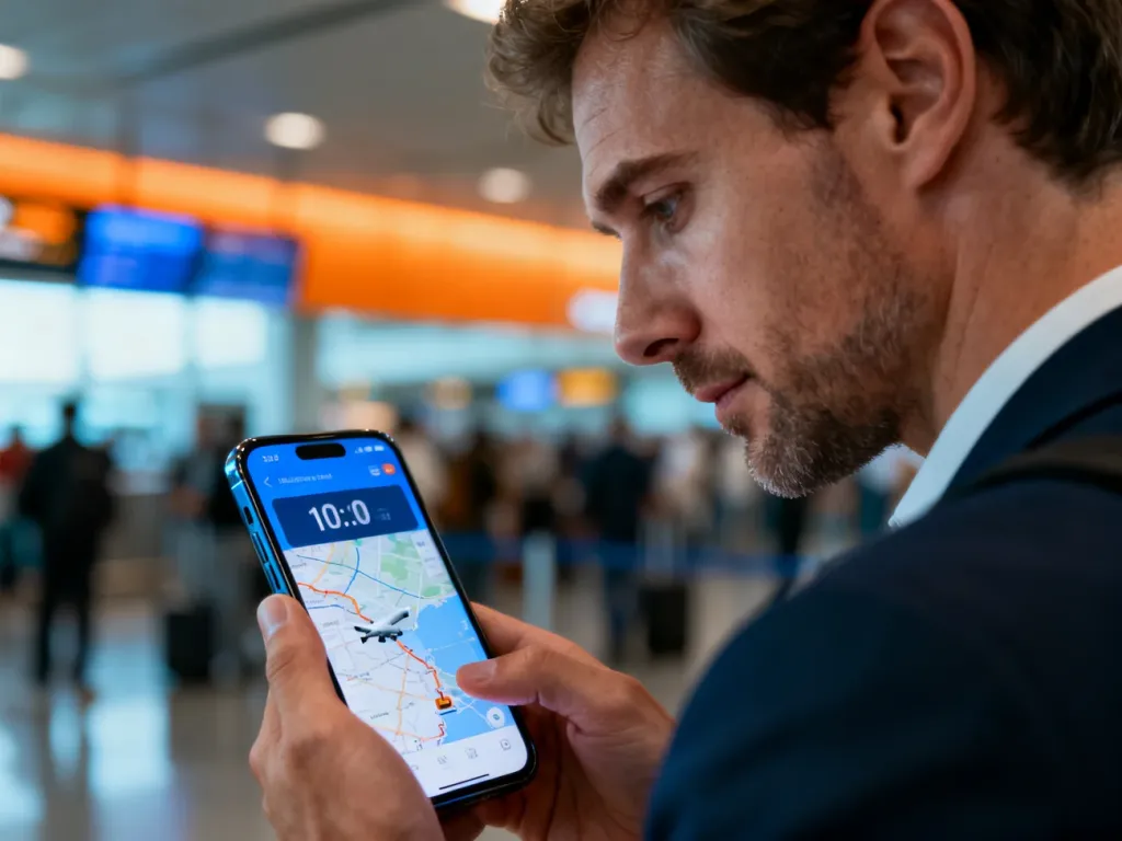 Mężczyzna sprawdza na smartfonie mapę logistyczną z licznikiem czasu w tle lotniska, ilustrując pojęcie ETA.